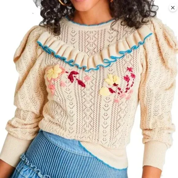 NWT LoveShackFancy Rennley Knit Sweater in Beige M $326 - Picture 3 of 8